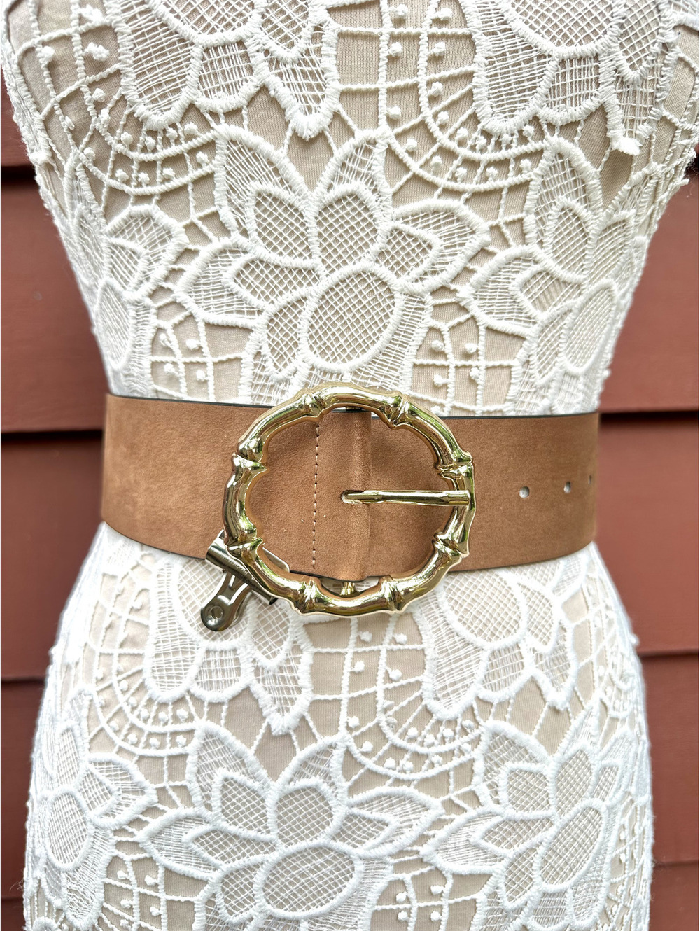 H&M Wide‎ Brown Faux Suede Belt with Gold Bamboo Style Buckle